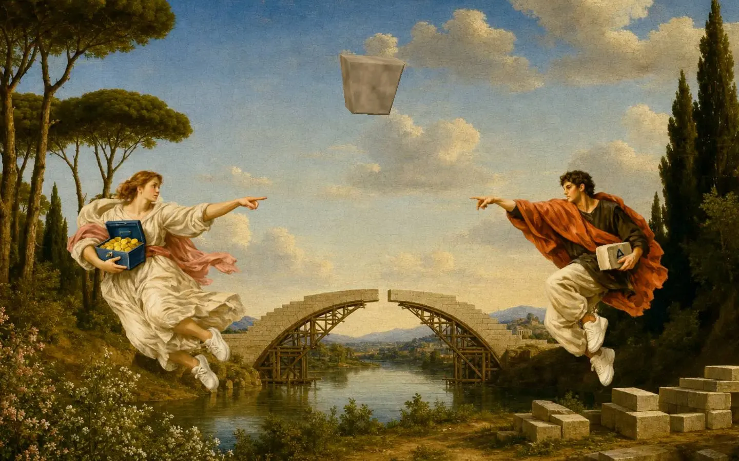 A painted river valley with an unfinished stone arch. A woman holding an open blue lockbox of gold and a man carrying one cut stone float toward each other, reaching out.